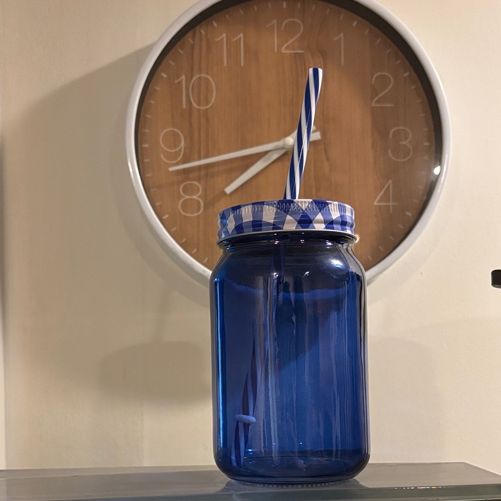 Blue Glass Jar with Striped Straw and Gingham Cover